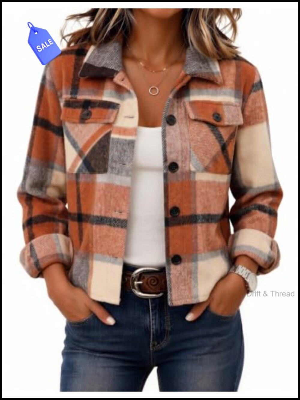 Cropped Plaid Flannel Shacket Button Down Jacket Loose Fit Fall Coat